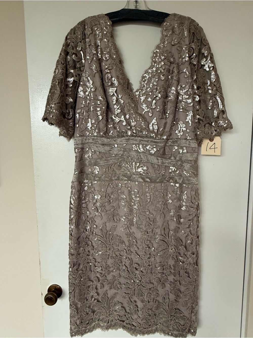 Tadashi Shoji Taupe Lace & Sequin V-Neck Cocktail Dress